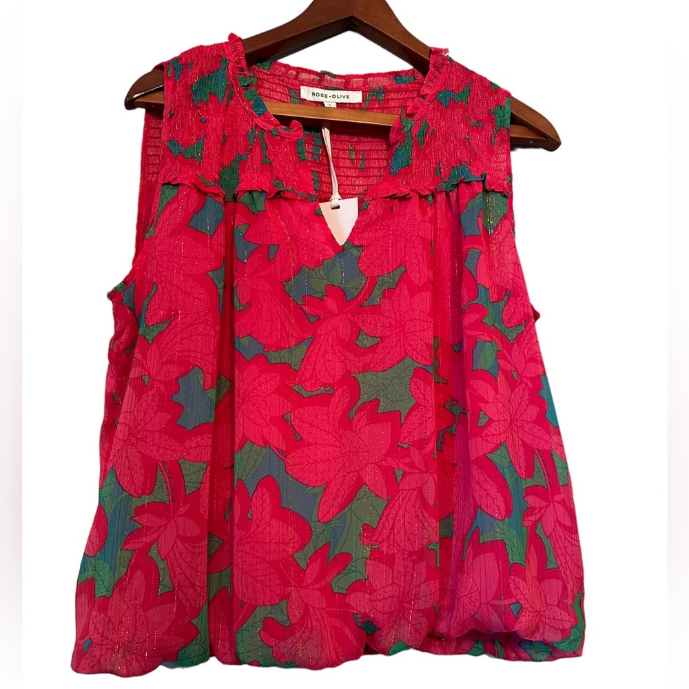 Rose+Olive Hot Pink and Green Sleeveless Balloon Style Top